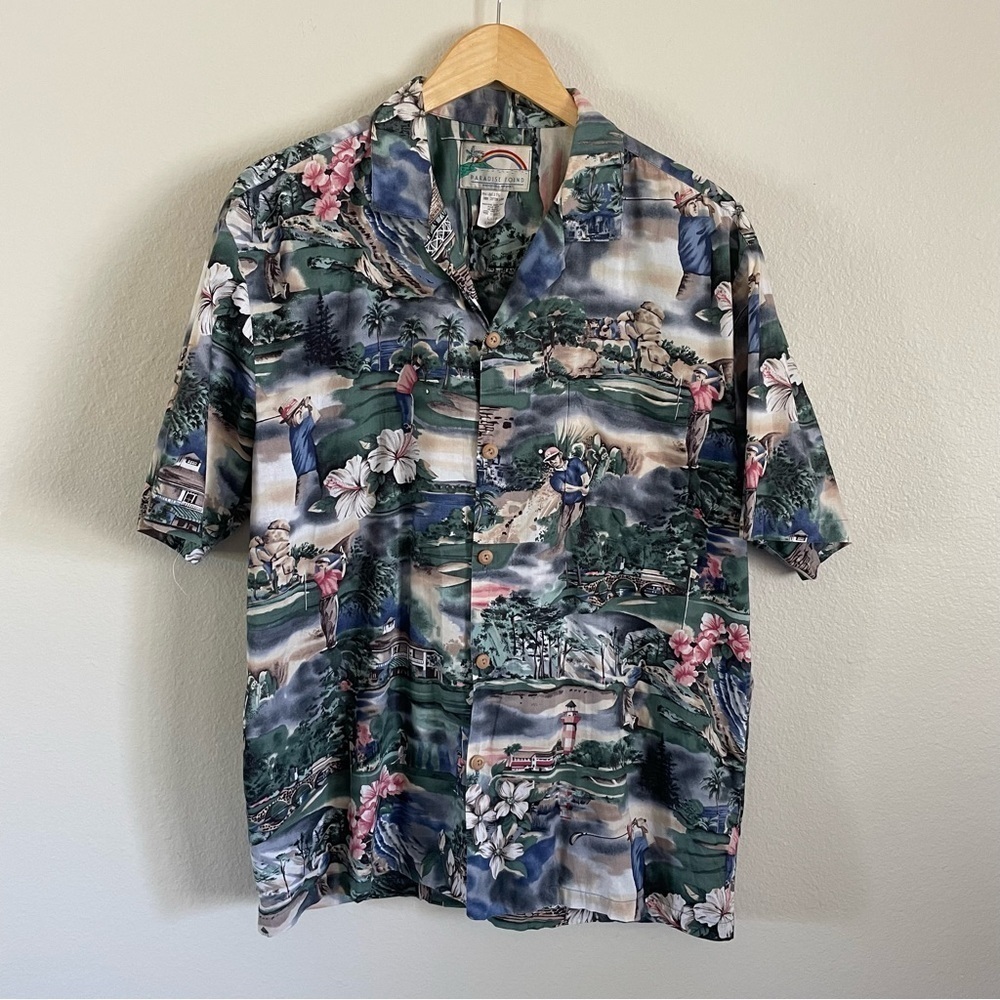 Paradise Found Hawaiian Shirt Golf Lighthouses Floral Print Size Large